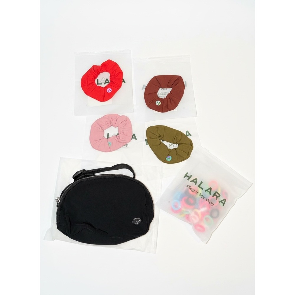 HALARA Accessory Bundle Womens Black Belt Bag 4 Scrunchies 100pc Hair Ties NEW